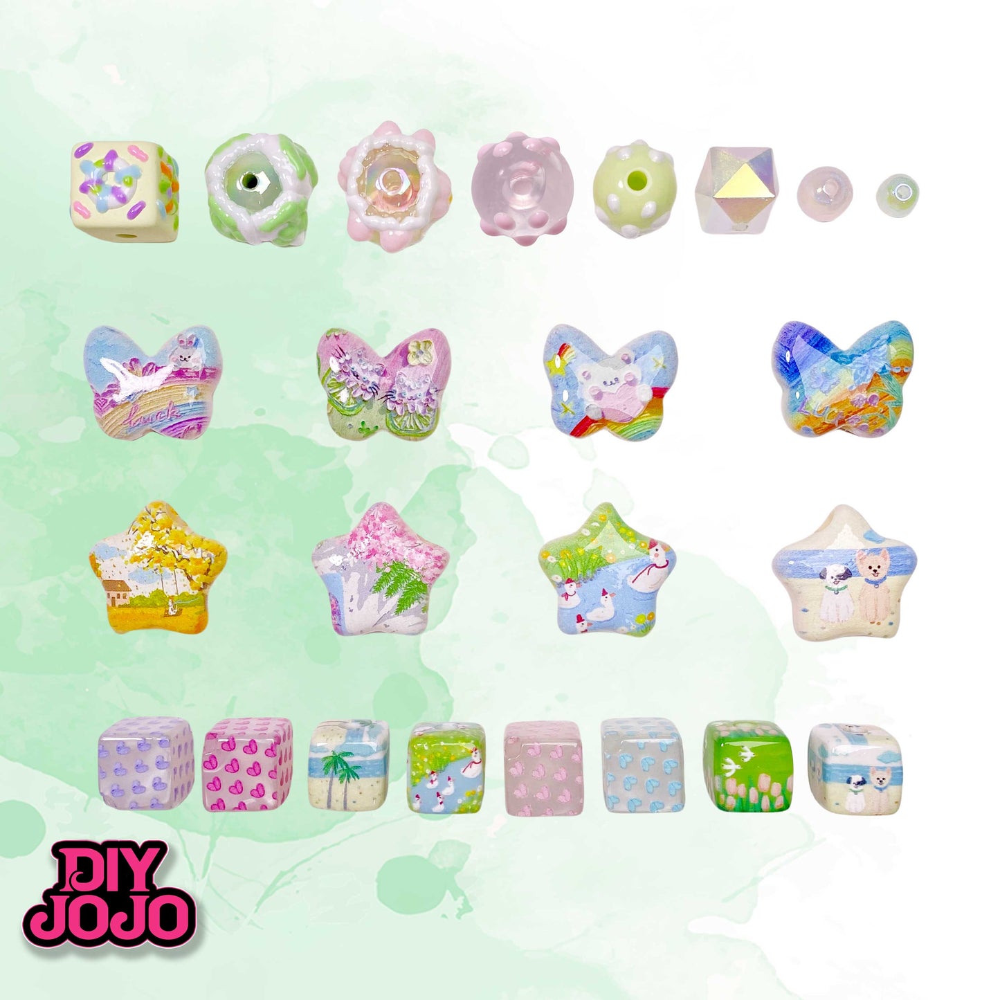 【A3551】春の油絵(8'10')-手書きアクリルビーズ & 高品質アクリルビーズ&夜光アクリルビーズ&植毛ビーズ
